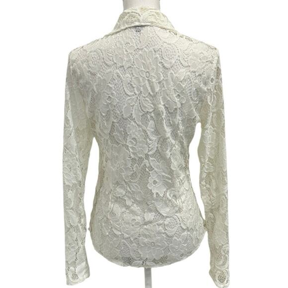 GUESS Y2K Cloud White Stretch Floral Lace Button Blouse Office Career Coquette - Picture 3 of 10